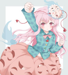Rule 34 | 1girl, ansoku, aqua shirt, arm up, border, bow, bowtie, bubble skirt, circle, clenched hand, closed mouth, cross, expressionless, grey border, hata no kokoro, highres, hyottoko mask, long hair, long sleeves, looking at viewer, mask, mask on head, pink bow, pink bowtie, pink eyes, pink hair, pink skirt, plaid, plaid shirt, shirt, simple background, skirt, solo, star (symbol), touhou, triangle, white background