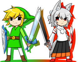 Rule 34 | &gt;:&lt;, 1boy, 1girl, :&lt;, animal ears, bad id, bad pixiv id, belt, black eyes, blonde hair, boots, chibi, closed mouth, crossed swords, detached sleeves, empty eyes, frown, green hat, hat, holding, holding sword, holding weapon, inubashiri momiji, link, master sword, nintendo, pointy ears, pom pom (clothes), red eyes, serious, shield, side-by-side, silver hair, skirt, sumiya nadateru, sword, tail, the legend of zelda, tokin hat, toon link, touhou, tunic, turtleneck, v-shaped eyebrows, weapon, wolf ears, wolf tail