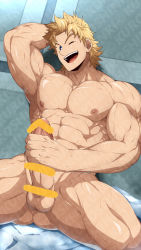 Rule 34 | 1boy, :d, abs, alternate hairstyle, armpits, ass, bar censor, bara, belt, blonde hair, blue eyes, boku no hero academia, censored, completely nude, erection, head tilt, highres, kuroshinki, large penis, looking at viewer, male focus, male masturbation, masturbation, muscular, muscular male, navel, nipples, nude, one eye closed, open mouth, paid reward available, pectorals, penis, paid reward available, scar, scar on arm, short hair, sitting, smile, solo, spiked hair, spread legs, stomach, sweat, togata mirio, veins, veiny penis, watermark, wet