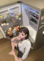 Rule 34 | 1girl, absurdres, barefoot, black eyes, black shorts, bottle, brown hair, eating, egg (food), eyelashes, feet, food, from above, full body, hand on own thigh, hand up, highres, indoors, jar, knees apart feet together, legs, long sleeves, looking at viewer, magnet, mayonnaise, medium hair, milk carton, mmmo3, on ground, open mouth, original, refrigerator, refrigerator interior, refrigerator magnet, shadow, shirt, shorts, sitting, solo, squeeze bottle, teeth, thighs, toes, upper teeth only, white shirt, wooden floor
