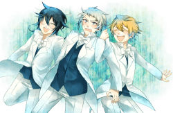 Rule 34 | 00s, 3boys, blonde hair, blush, brown hair, elliot nightray, closed eyes, formal, glasses, grey hair, holding hands, holding own arm, leo (pandora hearts), locked arms, male focus, multiple boys, necktie, open mouth, oz vessalius, pandora hearts, short hair, smile, suit, sweatdrop, white suit