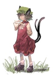 Rule 34 | 1girl, 9302w (user wjpg8475), animal ears, arm behind back, black footwear, bow, bowtie, brown eyes, brown hair, cat ears, cat tail, chen, closed mouth, dress, flat chest, full body, grass, green hat, hand up, hat, highres, long sleeves, looking at viewer, looking to the side, mob cap, multiple tails, nekomata, outdoors, puffy long sleeves, puffy sleeves, red dress, short hair, simple background, socks, solo, standing, tail, touhou, two tails, white background, white bow, white bowtie, white socks