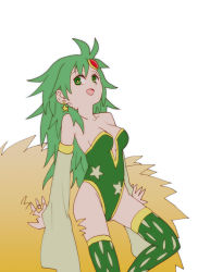 Rule 34 | 1girl, aged up, breasts, detached sleeves, earrings, final fantasy, final fantasy iv, green eyes, green hair, green leotard, hair ornament, jewelry, leotard, long hair, looking at viewer, medium breasts, mizukami satoshi, open mouth, rydia (ff4), smile, solo, star (symbol), star earrings, thighhighs