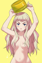 Rule 34 | 00s, 1girl, armpits, arms up, blonde hair, blue eyes, censored, convenient censoring, earrings, hair censor, hair over breasts, jewelry, long hair, macross, macross frontier, maruto!, nude, out-of-frame censoring, sheryl nome, solo, wet