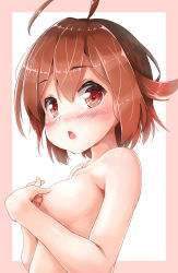 Rule 34 | 10s, 1girl, ahoge, blush, breasts, brown eyes, brown hair, covering nipples, covering privates, hair flaps, kantai collection, looking at viewer, matching hair/eyes, mutsuki (kancolle), nude, nyahu (nyahu 77), open mouth, short hair, small breasts, solo, upper body