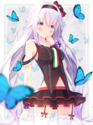Rule 34 | .live, 1girl, armpit peek, blush, breasts, bug, butterfly, carro pino, commentary request, headband, highres, insect, long hair, navel, purple eyes, purple hair, sleeveless, smile, solo, too many, too many butterflies, virtual youtuber