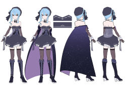 Rule 34 | 1girl, black bow, black choker, black footwear, black headwear, blue hair, boots, bow, bow choker, bowtie, breasts, brown thighhighs, buttons, choker, cleavage, closed mouth, coat, concept art, corset, cross-laced footwear, double-breasted, dress, fold-over boots, from behind, grey dress, grey headwear, hat, hat bow, high heel boots, high heels, hololive, hoshimachi suisei, knee boots, long hair, looking at viewer, multiple views, one side up, sleeveless, sleeveless coat, smile, starry sky print, strapless, strapless dress, thighhighs, two-sided coat, two-sided fabric, virtual youtuber, whitem (whiteemperor2020)