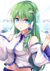 Rule 34 | 1girl, 28aarts, absurdres, arm garter, blue eyes, breasts, collared shirt, detached sleeves, expressionless, frog hair ornament, green hair, hair between eyes, hair ornament, highres, kochiya sanae, long hair, looking at viewer, medium breasts, midriff, navel, parted lips, shirt, simple background, snake hair ornament, solo, touhou, upper body, water, white background, white shirt, wide sleeves