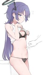 Rule 34 | 1girl, 1other, absurdres, poking belly, black bra, black panties, blue archive, blush, bra, breasts, clothes lift, commentary, flying sweatdrops, halo, hand on another&#039;s stomach, highres, lifted by self, long hair, medium breasts, navel, no pants, panties, purple eyes, purple hair, rong hui, shirt, shirt lift, simple background, skindentation, stomach, sweat, sweatdrop, tank top, two side up, underwear, white tank top, yuuka (blue archive)