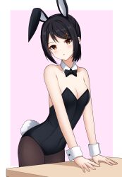 Rule 34 | 1girl, absurdres, animal ears, black bow, black bowtie, black leotard, black pantyhose, bow, bowtie, breasts, brown eyes, cleavage, cowboy shot, detached collar, fimi artworks, highres, leotard, original, pantyhose, parted lips, playboy bunny, ponytail, rabbit ears, rabbit tail, short hair, sidelocks, small breasts, solo, table, tail, wrist cuffs