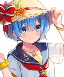 Rule 34 | 10s, 1girl, bad id, bad twitter id, blue eyes, blue hair, blue sailor collar, blush, closed mouth, commentary, english commentary, flower, hair between eyes, hair ornament, hairclip, hand on headwear, hands up, hat, hat flower, hat ribbon, hitsukuya, jewelry, neckerchief, necklace, pin, re:zero kara hajimeru isekai seikatsu, red neckerchief, red ribbon, rem (re:zero), ribbon, sailor collar, school uniform, serafuku, shell, shell necklace, shirt, short sleeves, simple background, smile, solo, straw hat, white background, white shirt, x hair ornament