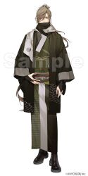 Rule 34 | 1boy, alternate costume, arm at side, black bridal gauntlets, black footwear, black jacket, black sash, black scarf, boots, bridal gauntlets, brown hair, copyright notice, covered mouth, folded fan, folding fan, full body, green eyes, green kimono, hair over one eye, hand fan, hand on own hip, haori, houndstooth, jacket, japanese clothes, kimono, long hair, long sleeves, looking at viewer, male focus, nijisanji, official art, oliver evans, ponytail, sample watermark, sash, sayagata, scarf, simple background, solo, standing, straight-on, virtual youtuber, watermark, white background, white scarf, yukko (matakite 4kaku)