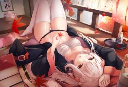Rule 34 | 1girl, :o, black panties, breasts, cleavage, japanese clothes, knees up, large breasts, leaf, long hair, lying, maple leaf, on back, open mouth, original, panties, solo, thighhighs, thighs, touhourh, underwear, white background, white thighhighs, wide sleeves