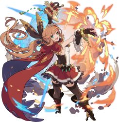Rule 34 | 1girl, aqua eyes, arms up, artist request, belt, black footwear, black gloves, black ribbon, black thighhighs, blush, book, boots, bracelet, breasts, brown hair, cape, chain, clarisse (granblue fantasy), cross-laced footwear, explosion, female focus, fire, frilled gloves, frilled skirt, frills, from behind, full body, gem, gloves, granblue fantasy, green gemstone, hair intakes, hair ribbon, happy, high heels, highres, holding, holding book, jewelry, knee boots, legs apart, light blush, long hair, looking at viewer, looking back, miniskirt, non-web source, official art, open book, open mouth, outstretched arms, ponytail, red cape, red skirt, ribbed shirt, ribbon, rubble, shirt, sidelocks, skindentation, skirt, sleeveless, sleeveless shirt, small breasts, smile, solo, standing, test tube, thighhighs, transparent background, two-sided cape, two-sided fabric, two-tone shirt, v-shaped eyebrows, very long hair, world flipper, zettai ryouiki