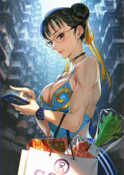 Rule 34 | 1girl, bag, bare shoulders, black eyes, blush, breasts, brown hair, capcom, cellphone, choker, chun-li, cleavage, closed mouth, collarbone, commentary request, company name, double bun, food, glasses, gold trim, hair bun, highres, holding, large breasts, lips, looking at viewer, mhk (mechamania), muscular, pants, phone, shiny skin, simple background, sleeveless, smile, solo, street fighter, striped, toy block, upper body, vertical stripes, watch