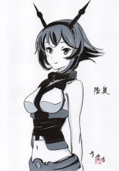 Rule 34 | 10s, 1girl, arms behind back, breasts, greyscale, headgear, highres, kantai collection, light smile, looking at viewer, medium breasts, midriff, monochrome, mutsu (kancolle), navel, potecat, potekite, short hair, simple background, sleeveless, solo, upper body, white background