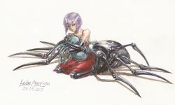Rule 34 | 10s, 1girl, 2015, arachne, arthropod girl, artist name, bare shoulders, bug, dated, dress, elbow gloves, extra eyes, gloves, hug, insect girl, lady marrigan, monster girl, monster musume no iru nichijou, painting (medium), rachnera arachnera, red dress, red eyes, short hair, silver hair, simple background, sitting, solo, spider, spider girl, taur, traditional media, watercolor (medium)