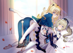 Rule 34 | 2girls, artist name, barbara (genshin impact), bed, blonde hair, blue capelet, blue eyes, brown hair, capelet, caught, chinese commentary, closed mouth, commentary request, cross, cross earrings, curtains, detached sleeves, dress, drill hair, earrings, genshin impact, girl on top, hair between eyes, hat, incest, jean (genshin impact), jewelry, lingshalan, long hair, looking at viewer, lying, multicolored capelet, multiple girls, on back, on bed, pants, pantyhose, petals, pillow, ponytail, rose petals, siblings, sidelocks, sisters, tight clothes, tight pants, twin drills, white dress, white headwear, white legwear, white pants, white sleeves, yuri