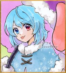 Rule 34 | 1girl, 2zuz4hru, blue capelet, blue eyes, blue hair, capelet, cross-laced clothes, fur trim, heterochromia, karakasa obake, looking at viewer, purple umbrella, red eyes, short hair, solo, tatara kogasa, tongue, tongue out, touhou, traditional media, twitter username, umbrella, upper body, wild and horned hermit