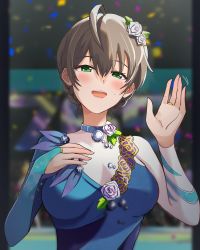 Rule 34 | 1girl, ahoge, blue choker, blue dress, blush, braid, breasts, bridal gauntlets, brown hair, choker, confetti, crowd, dress, flower, french braid, green eyes, hair between eyes, hand on own chest, highres, idolmaster, idolmaster million live!, idolmaster million live! theater days, inapple, jewelry, large breasts, looking at viewer, open mouth, ring, rose, sakuramori kaori, short hair, solo, stadium, upper body, waving, white flower, white rose