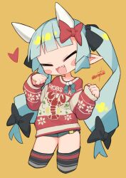 Rule 34 | 1girl, :3, blue hair, blue shorts, blunt bangs, blush stickers, bow, closed eyes, commentary request, cropped legs, demon girl, demon horns, fang, hair bow, highres, horns, long hair, long sleeves, nanatsuta, open mouth, original, pointy ears, red bow, red sweater, short shorts, shorts, signature, simple background, sleeves past wrists, solo, sweater, thighhighs, twintails, very long hair, yellow background