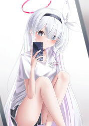 Rule 34 | 1girl, absurdres, black eyes, blue archive, cellphone, commentary, dolphin shorts, hair ribbon, hairband, halo, highres, holding, holding phone, long hair, phone, plana (blue archive), red pupils, ribbon, shira jun, shirt, shorts, smartphone, solo, very long hair, white hair, white ribbon, white shirt