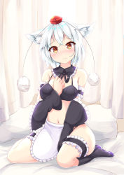 Rule 34 | 1girl, animal ears, apron, bare shoulders, bed, black bra, blush, bra, breasts, commentary, commentary request, hat, indoors, inubashiri momiji, looking at viewer, medium breasts, midriff, navel, pom pom (clothes), red eyes, rururiaru, short hair, silver hair, sitting, solo, tokin hat, touhou, underwear, wariza, white apron, wolf ears