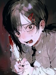 Rule 34 | 1girl, absurdres, black hair, black necktie, blood, bloody knife, chainsaw man, collared shirt, hair ornament, hairclip, higashiyama kobeni, highres, holding, holding knife, knife, looking at viewer, mole, mole under eye, mole under mouth, multiple moles, necktie, open mouth, scared, shirt, short hair, short ponytail, single sidelock, solo, sweat, swept bangs, tearing up, vihua6, white shirt