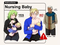 Rule 34 | 1girl, 3boys, abs, arms behind back, baby, black pants, blonde hair, blue shirt, blush, breastfeeding, breasts, byleth (female) (fire emblem), byleth (fire emblem), carrying, cleavage, cleavage cutout, closed eyes, clothing cutout, collarbone, collared shirt, commentary, dark-skinned male, dark skin, dated, dedue molinaro, denim, dimitri alexandre blaiddyd, earrings, english commentary, english text, eyepatch, fire emblem, fire emblem: three houses, green hair, grey background, if they mated, jeans, jewelry, long sleeves, medium breasts, medium hair, meme, midriff, multiple boys, nintendo, off shoulder, open clothes, open shirt, pants, scar, scar on face, scarf, shirt, short hair, sign, silver hair, simple background, sitting, smile, twitter username, warning sign, z hard