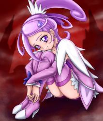 Rule 34 | 1girl, arm warmers, boots, chocokin, cure sword, dokidoki! precure, earrings, eyelashes, frown, full body, hair ornament, hairpin, jewelry, kenzaki makoto, magical girl, ponytail, precure, purple eyes, purple footwear, purple hair, purple skirt, purple thighhighs, red background, short hair, skirt, solo, spade, spade hair ornament, tears, thigh boots, thighhighs