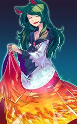 Rule 34 | 1girl, alternate hair color, animal ears, blue background, closed eyes, clothes lift, cloud, dress, dress lift, green hair, imaizumi kagerou, jewelry, long hair, long sleeves, open mouth, simple background, sky print, smile, solo, touhou, wheat, wide sleeves, wolf ears, zounose