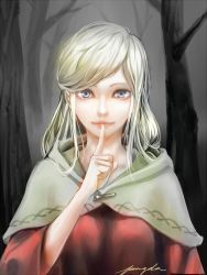 Rule 34 | 1girl, bad id, bad pixiv id, blue eyes, cloak, eyelashes, finger to mouth, forest, hood, hooded cloak, houtachi, index finger raised, lips, long hair, looking at viewer, nature, original, outdoors, shushing, smile, solo, swept bangs, tree, upper body, white hair
