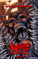 Rule 34 | absurdres, aircraft, ape, battle, bell helicopter, fight, fighting, giant, giant monster, gorilla, helicopter, highres, kaijuu, king kong, king kong (series), kong: skull island, legendary pictures, matt frank, military, military vehicle, monster, monsterverse, mountain, movie poster, official art, poster (medium), skullcrawler, sun, teeth, tongue, tree, uh-1 iroquois, utility helicopter