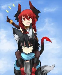 Rule 34 | 2girls, animal ears, bad id, bad pixiv id, black legwear, borrowed character, bracelet, carrying, crossover, demon tail, elbow gloves, fang, flower, fox ears, fox tail, ganesagi, gloves, highres, horns, jewelry, long hair, long sleeves, maou beluzel, multiple girls, nanashi (ganesagi), nanashi (shirogane usagi), open mouth, original, pantyhose, pointing, red eyes, red hair, rose, scarf, short hair, shoulder carry, sleeveless, slit pupils, sweatdrop, tail, yellow flower, yellow rose, yuusha to maou