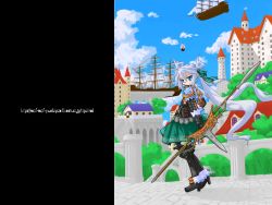 Rule 34 | armor, blue eyes, blue hair, castle, gloves, highres, long hair, mof, mof&#039;s silver haired twintailed girl, polearm, ship, solo, spear, twintails, very long hair, watercraft, weapon