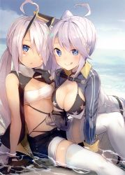 Rule 34 | 2girls, :q, ahoge, all fours, azur lane, bandeau, bare shoulders, beach, bikini, bikini top only, black bikini, black gloves, blue eyes, blush, breasts, cleavage, cropped, dark skin, dark-skinned female, day, facial mark, fingerless gloves, gloves, hair over one eye, heart, heart-shaped pupils, highres, indianapolis (azur lane), isegawa yasutaka, large breasts, light purple hair, long hair, looking at viewer, low twintails, medium breasts, midriff, multiple girls, official art, outdoors, partially submerged, portland (azur lane), scan, short shorts, shorts, side ponytail, sitting, smile, strapless, swimsuit, symbol-shaped pupils, thighhighs, tongue, tongue out, tube top, twintails, very long hair, water, white legwear