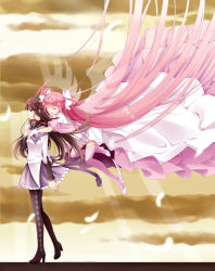 Rule 34 | 10s, 2girls, akemi homura, black hair, book, boots, closed eyes, dress, feathers, floating hair, flying, gloves, hand on own chest, hands on another&#039;s chest, high heels, highres, hug, hug from behind, kaname madoka, light rays, light smile, long hair, magical girl, mahou shoujo madoka magica, mahou shoujo madoka magica (anime), multiple girls, pantyhose, pink hair, profile, ribbon, shoes, spoilers, sun trial, sunbeam, sunlight, thigh boots, thighhighs, ultimate madoka, very long hair, white dress, white gloves, wings