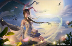 Rule 34 | 1girl, absurdres, animal ears, artist request, bare shoulders, bird, braid, braided ponytail, brown hair, bug, cat, cloud, detached sleeves, douluo dalu, dress, earrings, firefly, highres, horizon, insect, jewelry, looking at viewer, moon, necklace, night, rabbit ears, second-party source, sitting, white dress, wind, xiao wu (douluo dalu)