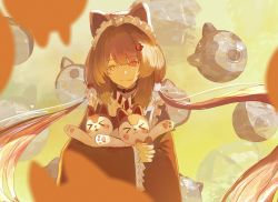 Rule 34 | 1girl, animal ears, blurry, blurry foreground, brown hair, closed mouth, collar, commentary, dog ears, fang, heterochromia, highres, holding, holding stuffed toy, inui toko, long hair, looking at viewer, maid, maid headdress, nicporim, nijisanji, red eyes, smile, solo, stuffed animal, stuffed dog, stuffed toy, upper body, virtual youtuber, wa maid, yellow background, yellow eyes