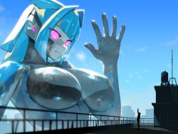 Rule 34 | 1girl, 1other, black bodysuit, blue bodysuit, blue hair, blue sky, bodysuit, breasts, breath, building, closed mouth, cloud, colored skin, commentary request, day, giant, giantess, glowing, glowing eyes, grey bodysuit, grey skin, highres, large breasts, long hair, looking down, multicolored bodysuit, multicolored clothes, nikunopengin, on rooftop, original, outdoors, pink eyes, railing, rooftop, shiny clothes, sidelocks, skin tight, sky, sweat, waving