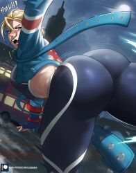 Rule 34 | 1girl, antenna hair, ass, blonde hair, blue eyes, breasts, cammy white, echo saber, fingerless gloves, from behind, gloves, highres, huge ass, jiggle, kicking, large breasts, looking back, open mouth, pants, short hair, sideboob, solo, street fighter, street fighter 6