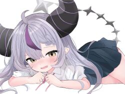 Rule 34 | 1girl, ahoge, alternate costume, black horns, black skirt, blush, braid, braided bangs, fang, grey hair, heart, heart in eye, hololive, horns, la+ darknesss, long hair, lying, multicolored hair, neck ribbon, nocchi (r ws2l), open mouth, pointy ears, puffy short sleeves, puffy sleeves, purple hair, red ribbon, ribbon, shirt, short sleeves, simple background, skin fang, skirt, streaked hair, striped horns, symbol in eye, virtual youtuber, white background, white shirt, yellow eyes
