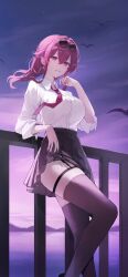 1girl against_railing black_skirt black_thighhighs breasts eyewear_on_head grin highres honkai:_star_rail honkai_(series) kafka_(honkai:_star_rail) long_hair looking_at_viewer nail_polish necktie ponytail purple_eyes purple_hair purple_necktie railing shirt skirt sky smile standing sunglasses thigh_strap thighhighs vb_vibe white_shirt