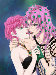 Rule 34 | black eyes, bra, choker, colored eyelashes, diavolo, father and daughter, fishnets, gradient background, green eyes, hand on another&#039;s chin, imminent kiss, incest, jojo no kimyou na bouken, lipstick, lo lis, makeup, out of character, pink hair, pink lips, purple hair, purple lips, strap, tattoo, trish una, underwear, vento aureo, wristband