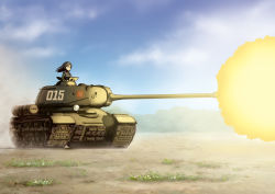 Rule 34 | 1girl, absurdres, armored vehicle, blue eyes, breasts, caterpillar tracks, cloud, commentary request, day, emblem, expressionless, flower, forest, girls und panzer, grass, highres, is-2, kou (ssdd), long hair, military, military vehicle, motor vehicle, nature, nonna (girls und panzer), pravda (emblem), pravda military uniform, sky, solo, tank