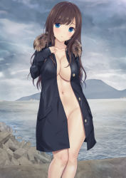Rule 34 | 1girl, black coat, blue eyes, blush, breasts, brown hair, cleavage, coat, convenient censoring, island, large breasts, long hair, looking at viewer, n.g., naked coat, navel, ocean, open clothes, parted lips, rock, solo, standing