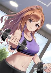 Rule 34 | 1girl, absurdres, arisugawa natsuha, black eyes, black pants, blush, bra, breasts, ceiling, ceiling light, cleavage, collarbone, dumbbell, dutch angle, exercising, eyebrows hidden by hair, groin, hair ornament, hair scrunchie, high ponytail, highres, idolmaster, idolmaster shiny colors, indoors, long hair, looking at viewer, medium breasts, navel, orange hair, orange scrunchie, out of frame, painapo, pants, plant, ponytail, potted plant, purple bra, scrunchie, sidelocks, sleeveless, smile, solo, sports bra, sportswear, sweat, underwear, window, wristband, yoga pants