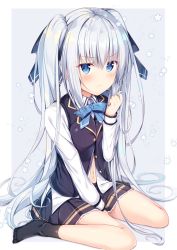 Rule 34 | 1girl, between legs, black ribbon, black skirt, black socks, black vest, blue bow, blue bowtie, blue eyes, blush, bow, bowtie, buttons, closed mouth, collared shirt, commentary request, frown, hair between eyes, hair bow, hair ribbon, hand up, highres, long hair, long sleeves, looking at viewer, navel, no shoes, original, partially unbuttoned, pleated skirt, ribbon, ruffling hair, school uniform, shirt, sidelocks, silver hair, sitting, skirt, socks, solo, tomoo (tomo), twintails, v-shaped eyebrows, very long hair, vest, wariza, white shirt, wing collar