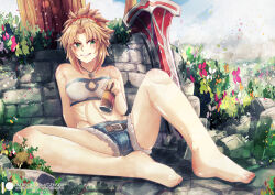 Rule 34 | 1girl, bare legs, belt, blonde hair, blue shorts, boots, breasts, can, day, denim, denim shorts, eyes visible through hair, fate/apocrypha, fate (series), flower, full body, fur-trimmed shorts, fur trim, gensox, greatsword, green eyes, grin, hair ornament, hair scrunchie, hand up, high ponytail, highres, holding, holding can, jewelry, knee up, leaning back, linea alba, long hair, looking at viewer, medium breasts, mordred (fate), mordred (fate/apocrypha), mordred (memories at trifas) (fate), navel, outdoors, paid reward available, patreon logo, pendant, scrunchie, short shorts, shorts, smile, solo, spread legs, stomach, strapless, sword, tube top, watermark, weapon, web address