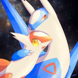Rule 34 | arm around neck, claws, closed mouth, commentary, creatures (company), fang, game freak, gen 3 pokemon, latias, latios, legendary pokemon, looking at viewer, nintendo, no humans, nullma, open mouth, orange eyes, pokemon, pokemon (creature), shiny skin, skin fang, smile, space, tongue, yellow eyes
